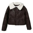 thumbnail image 1 of XPMWRP Women's Solid Color Winter Lapel Collar Puffer Coats Long Sleeve Fleece Lined Casual Jackets Quilted Short Outwear Brown XXL, 1 of 7