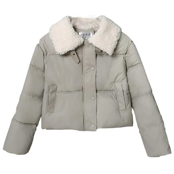 XPMWRP Women's Solid Color Winter Lapel Collar Puffer Coats Long Sleeve Fleece Lined Casual Jackets Quilted Short Outwear Gray L