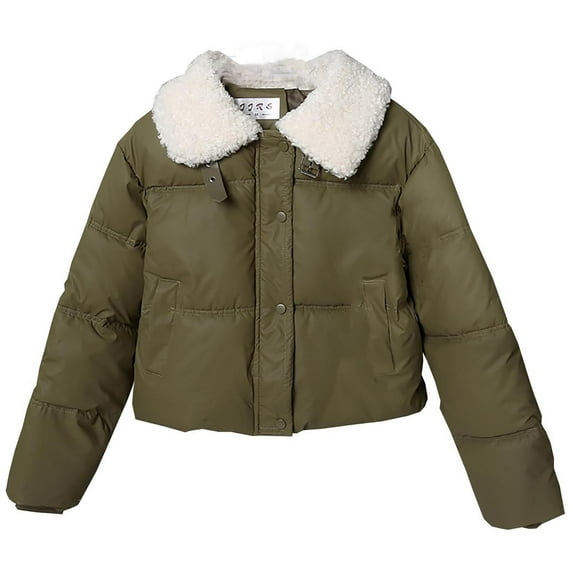 XPMWRP Women's Solid Color Winter Lapel Collar Puffer Coats Long Sleeve Fleece Lined Casual Jackets Quilted Short Outwear Green XL