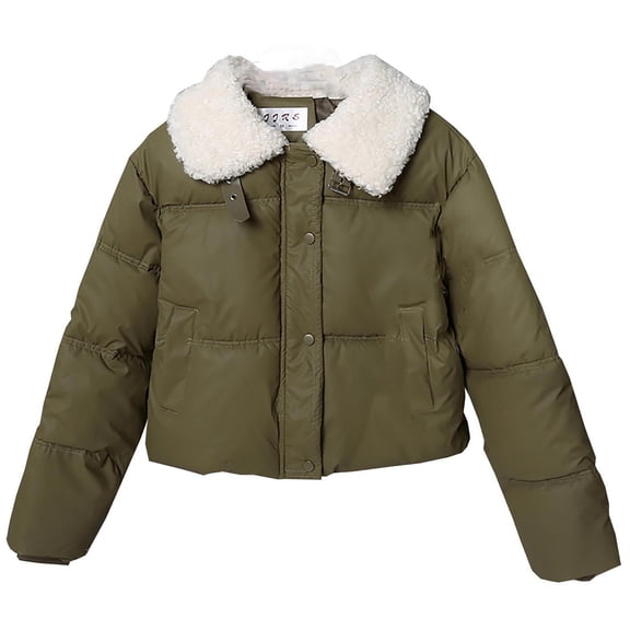 XPMWRP Women's Solid Color Winter Lapel Collar Puffer Coats Long Sleeve Fleece Lined Casual Jackets Quilted Short Outwear Green XL