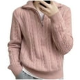 thumbnail image 1 of XPMWRP Women's Solid Color Winter Warm Sweaters Long Sleeve Quarter Zip Pullover Sweater Casual Loose V Neck Knit Jumper Tops Pink M, 1 of 2