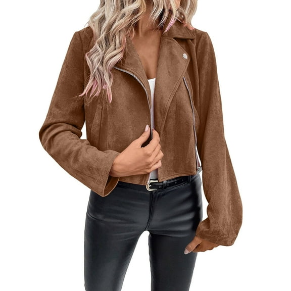 XPMWRP Women's Solid Color Zip Faux Leather Coats Casual Short Trendy Jackets Long Sleeve Lightweight Flight Outerwear Coffee XL
