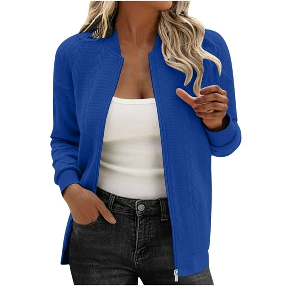 XPMWRP Women's Solid Color Zip Up Cropped Quilted Jacket Loose Long Sleeve Lapel Lightweight Coat Casual Coarse Knitted Baseball Jacket Blue XXL