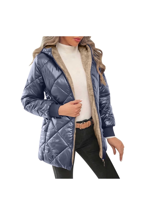 Women's Solid Winter Warm Sherpa Lined Quilted Jacket Fuzzy Fleece Lightweight Zip Long Sleeve Hooded Coat with Pocket Navy L
