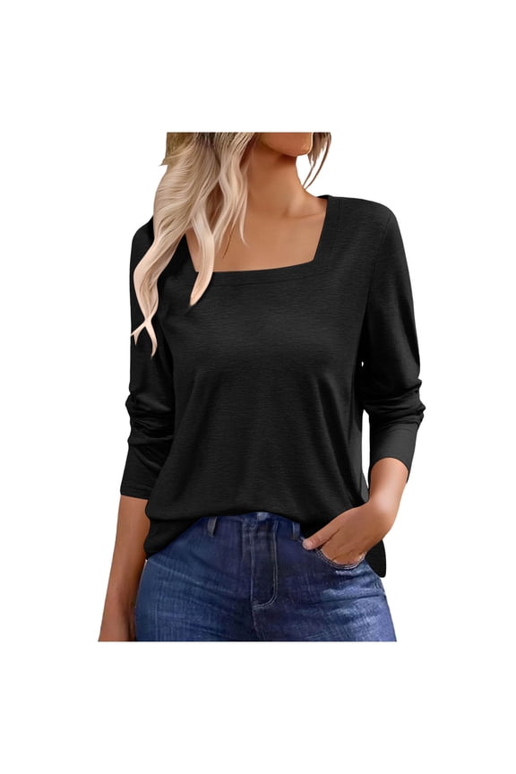 Women's Square Neck Long Sleeve Tops Casual T Shirts Loose Fit Lightweight Solid Tunic Blouse Shirts Black XXL