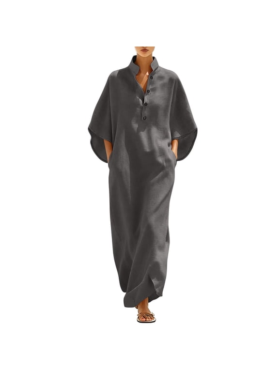 Women's Stand Collar Half Button Batwing Sleeve Pocket Loose Maxi Kaftan Dress Beach Cover Up Casual Vacation Caftan Gray XXXL
