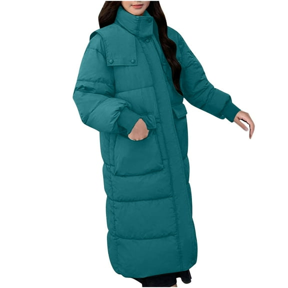 XPMWRP Women's Stand Collar Quilted Puffer Jacket Thickened Casual Padded Long Coat Solid Color Winter Warm Outerwear with Pockets Green S