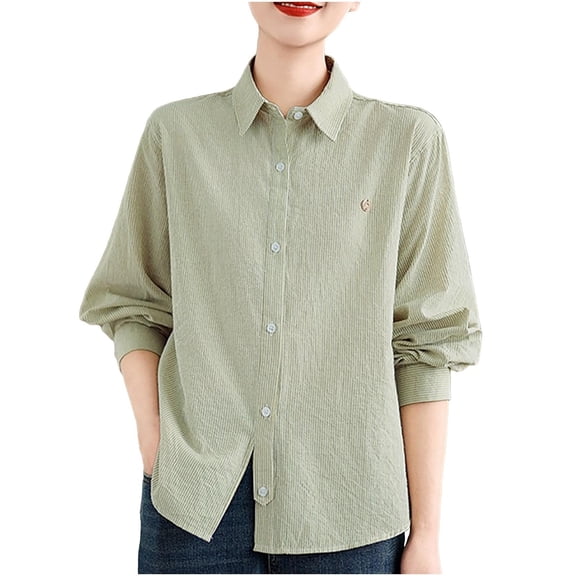XPMWRP Women's Striped Button Down Solid Color Shirts Cotton Dress Shirt Oversized Lapel Collared Blouse Tops Business Office Attire Green XL