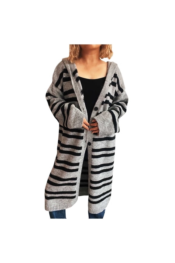 Women's Striped Button Fleece Long Coat Long Sleeved Casual Hooded Jackets Winter Warm Oversized Trench Overcoat Gray M