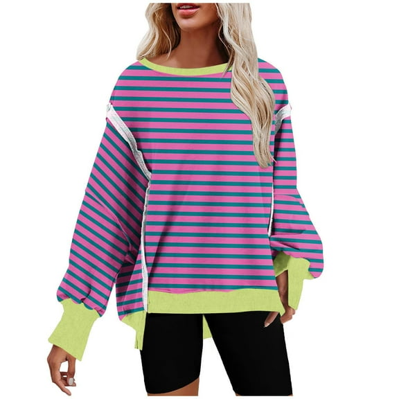 XPMWRP Women's Striped Casual Sweatshirts Oversized Crewneck Long Sleeve Pullover Top Fall Winter Outfits Fashion Clothes Green S