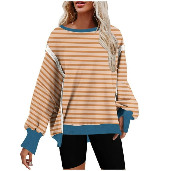 XPMWRP Women's Striped Casual Sweatshirts Oversized Crewneck Long Sleeve Pullover Top Fall Winter Outfits Fashion Clothes Yellow S