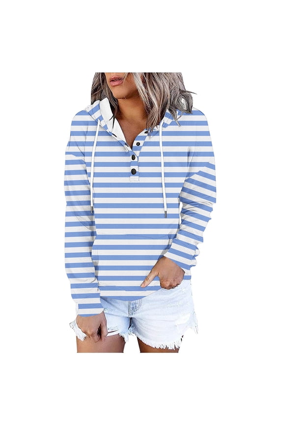 Women's Striped Drawstring Hoodies Sweatshirt Fall Winter Long Sleeve Button Down Pullover Sweatshirts With Pockets Blue S
