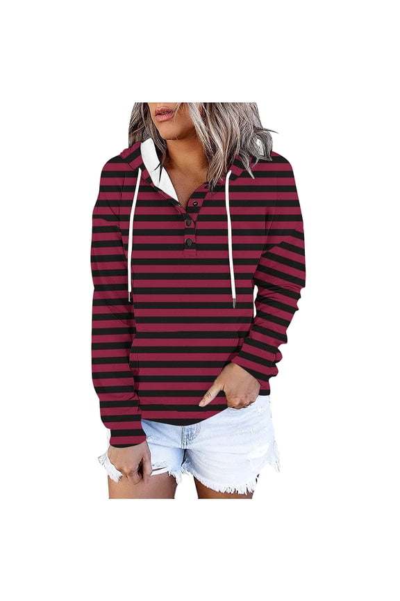 Women's Striped Drawstring Hoodies Sweatshirt Fall Winter Long Sleeve Button Down Pullover Sweatshirts With Pockets Red M