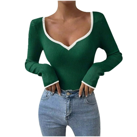 XPMWRP Women's Striped Knitted Contrast Trim Ribbed Sweater Tops Sweetheart Neck Long Sleeve Solid Color Slim Fit Pullover Tee Fall Top Green L