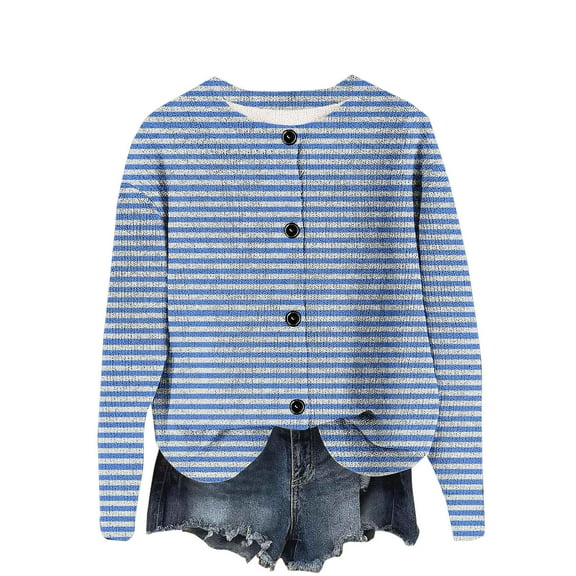 XPMWRP Women's Striped Print Knitted Jacket Long Sleeve Button Down Casual Coats Fall Winter Trendy Loose Jacket Blue M