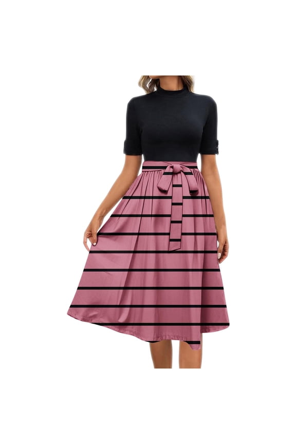 Women's Striped Print Mock Neck Midi Dress Tie Waist Short Sleeve Flowy Sundress Casual Summer Work & Daily Wear Dress Hot Pink S