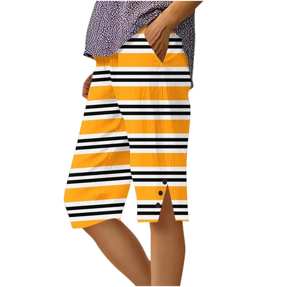 XPMWRP Women's Striped Side Slit Bermuda Shorts Elastic Waist Casual Summer Knee Length Pants Beach Lounge Shorts Orange XXL