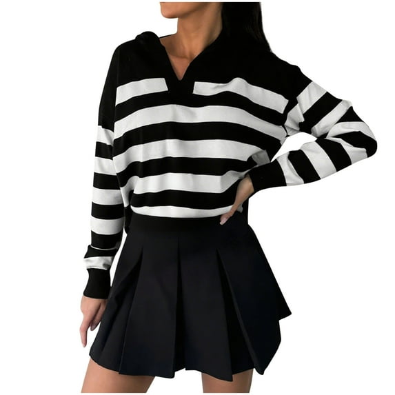 XPMWRP Women's Striped Winter Warm Sweater Long Sleeve Casual lapel Loose Fit Pullover Knit Hoodies Sweaters Black S