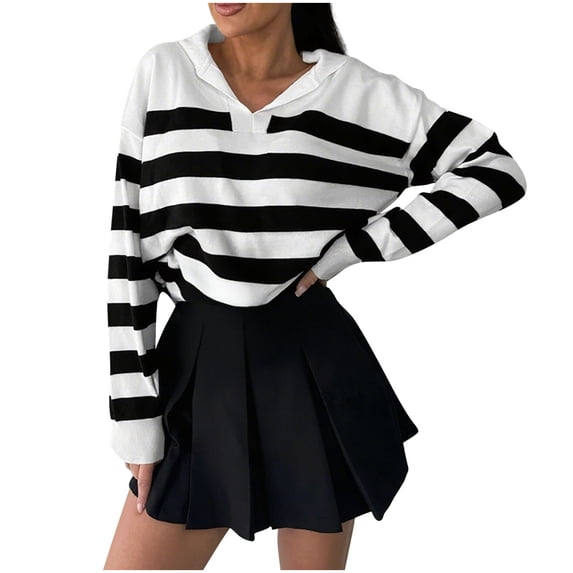 XPMWRP Women's Striped Winter Warm Sweater Long Sleeve Casual lapel Loose Fit Pullover Knit Hoodies Sweaters White S