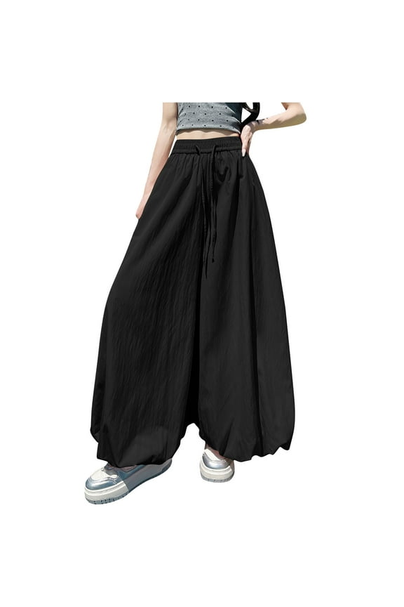 Women's Summer Baggy Casual Pleated Harem Pants Loose Elastic Waist Wide Leg Hippie Long Balloon Pants Trousers Black S