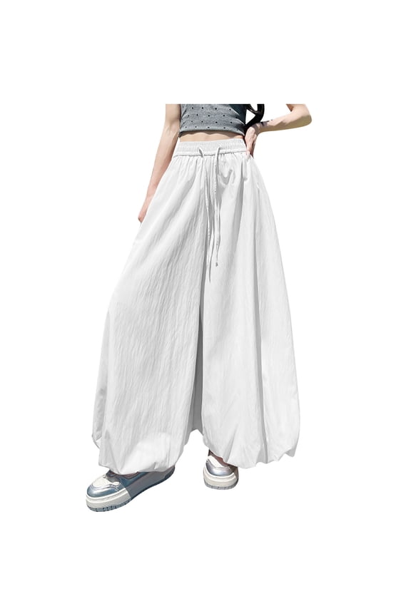 Women's Summer Baggy Casual Pleated Harem Pants Loose Elastic Waist Wide Leg Hippie Long Balloon Pants Trousers White S