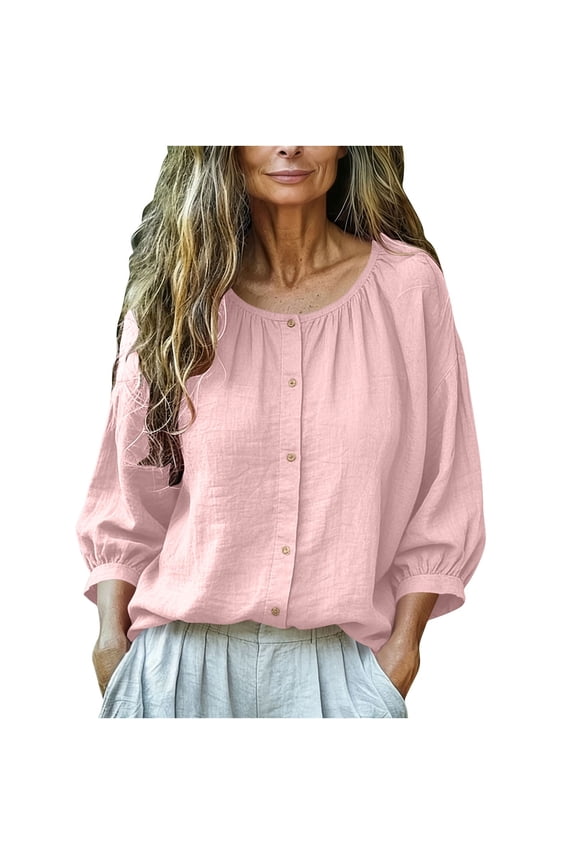 Women's Summer Casual Lantern 3/4 Sleeve Button Down Cotton Linen Shirts Loose Dolman Solid Top Blouse Pink S