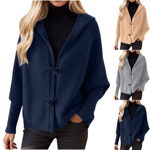 XPMWRP Women's Sweaters Winter Hooded Cardigans Button Up Knit Coats Jackets Lantern Sleeve Outerwear with Pockets Navy L
