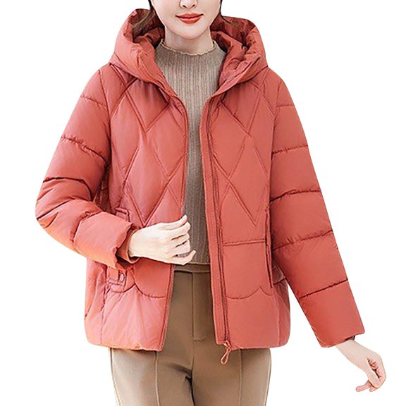 XPMWRP Women's Thick Padded Warm Solid Colored Padded Jacket Long sleeved Padded Jacket Hooded Active Outdoor Windbreaker with Pockets Orange M