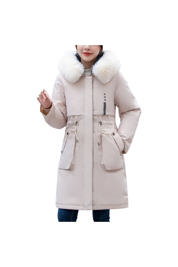 Women's Thicken Plus Size Long Coat Solid Color Long Sleeve Fashion Coats Zip Winter Warm Trendy Jacket with Pockets Beige XL