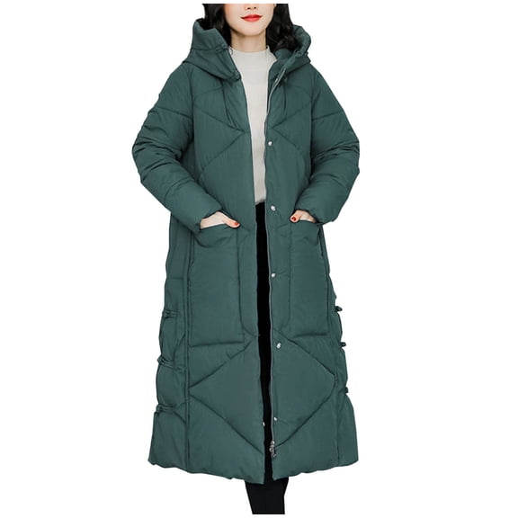 XPMWRP Women's Thickened Hooded Long Puffer Jacket Long Sleeve Solid Color Windbreaker Coats Warm Winter Fashion Clothes with Pockets Green L
