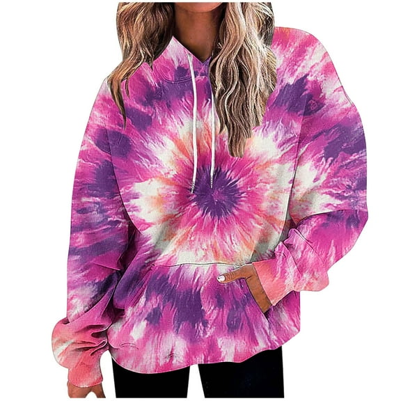 XPMWRP Women's Tie Dye Graphic Oversized Drawstring Sweatshirt Trendy Hoodie Fall Fashion Pullover Loose Fit Long Sleeve Sweatshirt with Pocket Purple M