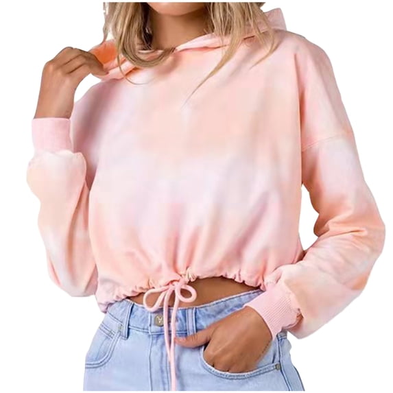 XPMWRP Women's Tie Dye Hooded Drawstring Crop Sweatshirt Long Sleeve Trendy Pullover Fall Winter Casual Loose Sweatshirt Pink S