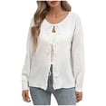 thumbnail image 1 of XPMWRP Women's Tie Front Solid Color Cardigan Coats Cute Bow Puff Long Sleeve Loose Ribbed Knit Trendy Sweater Tops White M, 1 of 9