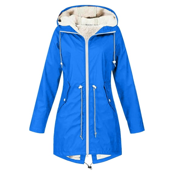 XPMWRP Women's Travel Hiking Hooded Fleece Jacket Waterproof Outdoor Long Sleeved Casual Coats Solid Color Windbreaker Zip Up Trench Jacket Blue XXXXL