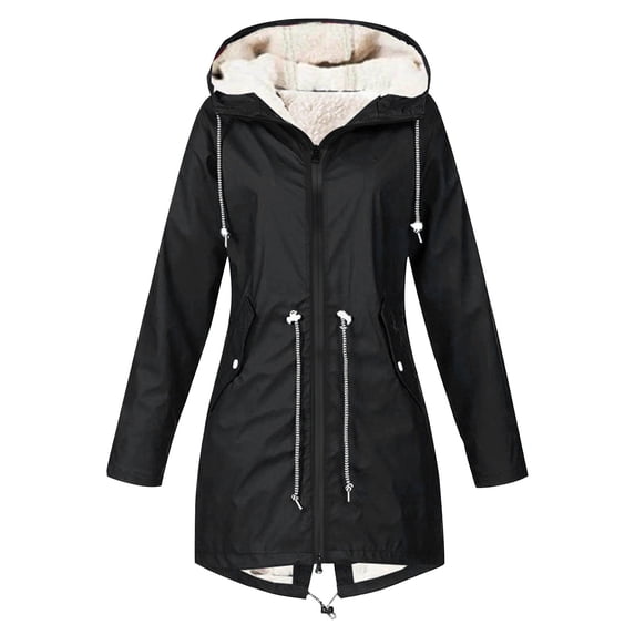 XPMWRP Women's Travel Hiking Hooded Fleece Jacket Waterproof Outdoor Long Sleeved Casual Coats Solid Color Windbreaker Zip Up Trench Jacket Black S