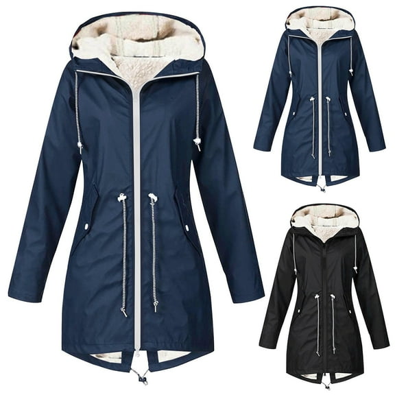 XPMWRP Women's Travel Hiking Hooded Fleece Jacket Waterproof Outdoor Long Sleeved Casual Coats Solid Color Windbreaker Zip Up Trench Jacket Blue L