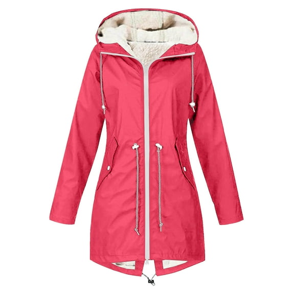 XPMWRP Women's Travel Hiking Hooded Fleece Jacket Waterproof Outdoor Long Sleeved Casual Coats Solid Color Windbreaker Zip Up Trench Jacket Red XXXXL