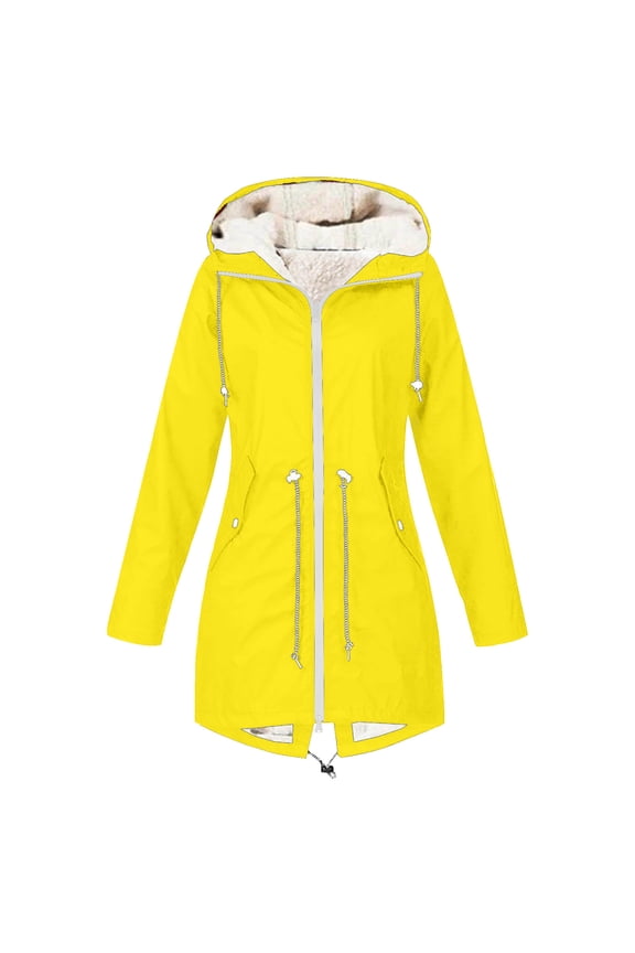 Women's Travel Hiking Hooded Fleece Jacket Waterproof Outdoor Long Sleeved Casual Coats Solid Color Windbreaker Zip Up Trench Jacket Yellow L