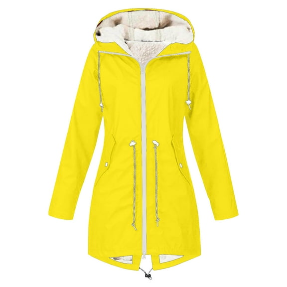 XPMWRP Women's Travel Hiking Hooded Fleece Jacket Waterproof Outdoor Long Sleeved Casual Coats Solid Color Windbreaker Zip Up Trench Jacket Yellow M