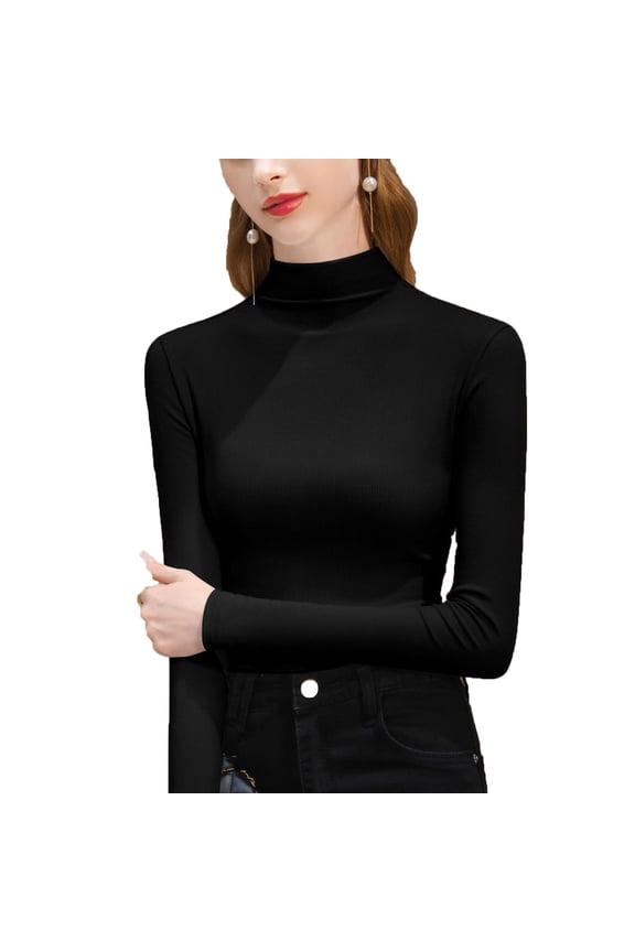 Women's Turtleneck Long Sleeve Shirts Spring Fashion Basic Thermal Underwear Tops Winter Slim Clothes Black M