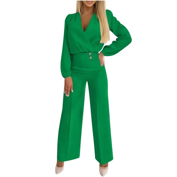 XPMWRP Women's Two Piece Outfits Solid Color Long Sleeve Warp V Neck Blouse Wide Leg Dress Pants Business Casual Suits with Pockets Green L