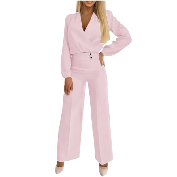 XPMWRP Women's Two Piece Outfits Solid Color Long Sleeve Warp V Neck Blouse Wide Leg Dress Pants Business Casual Suits with Pockets Pink L