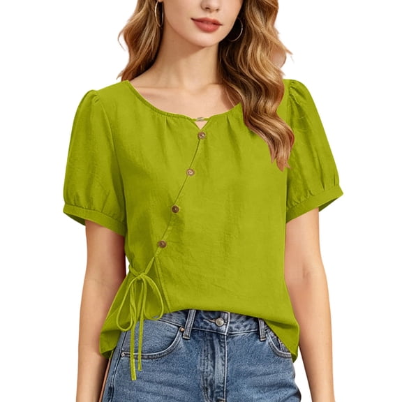 XPMWRP Women's V‑Neck Diagonal Button Side Drawstring Bubble Short Sleeve Slim Fit Blouse Soft Stretchy Casual Summer Top for Daily Street Date Night Wear Green XXL