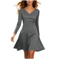 thumbnail image 1 of XPMWRP Women's V Neck Long Sleeve Ruched Waist Flared Mini Dress Casual Office Skater Swing Dress Dark Gray M, 1 of 9