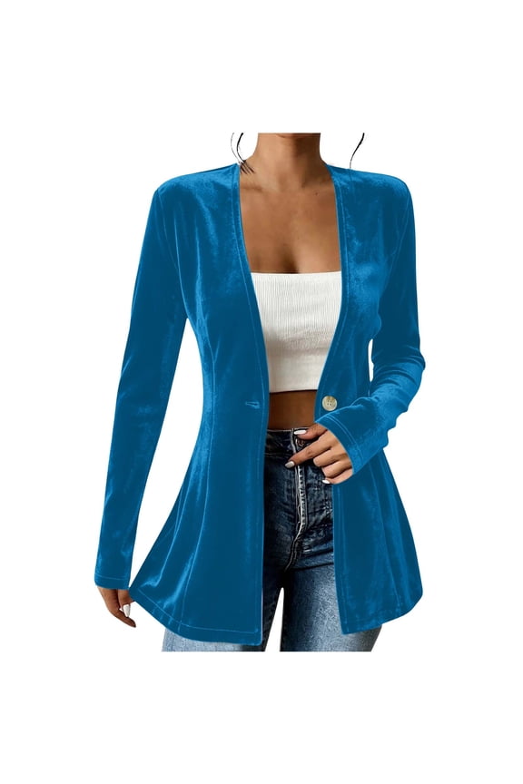 Women's V Neck Ribbed Knit Single Button Cardigan Long Sleeve Slim Fit Long Casual Knit Outer Jacket Blue S
