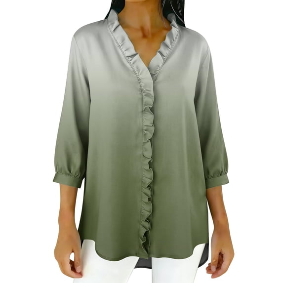 XPMWRP Women's V‑Neck Ruffle Placket Ombre Gradient Draped 3/4 Sleeve Blouse Soft Loose Fit Casual Summer Top Romantic Feminine for Daily Vacation Wear Green XL