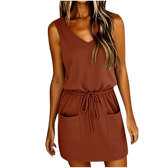 XPMWRP Women's V Neck Sleeveless Mini Dress with Pockets Drawstring Waist Casual Sundress Summer Beach & Daily Wear Short Dress Mint Green S