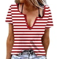 thumbnail image 1 of XPMWRP Women's V Neck Snap Button Shirt Short Sleeve Striped Print Tunic Tops Lightweight Casual Loose Summer Blouses Red L, 1 of 6