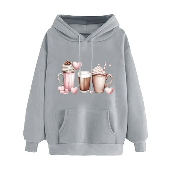 XPMWRP Women's Valentine's Day Hoodie Sweatshirts Long Sleeve Cup Graphic Printed Pullover Oversized Drawstring Sweatshirts with Pockets Gray L