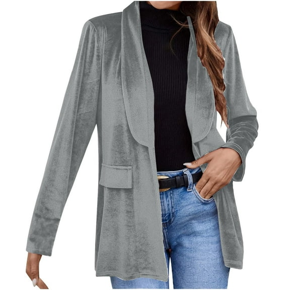 XPMWRP Women's Velvet Blazer Jackets Casual Long Sleeve Solid Color Lapel Collar Coats Work Office Suit Fall Winter Jackets Gray M